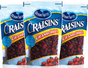 three bags of Ocean Spray Dried Cranberries