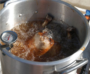 Turkey Frying in a pot with thermometer 
