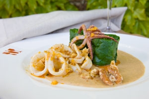 Soused Spinach with Walnut-Lemon Puree and a Saute of Calamari Photo