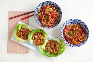 Hoisin Chicken Lettuce Wraps with Stir-Fried Rice Noodles Photo